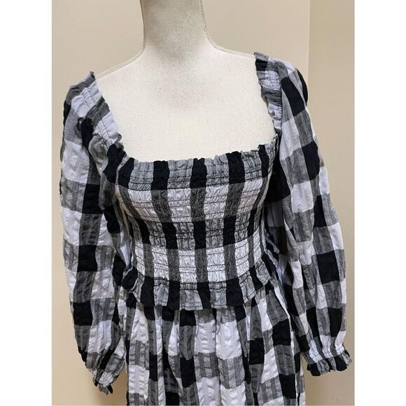 TOPSHOP SHIRRING SEERSUCKER CHECK PUFF SLEEVE MINI DRESS Size 10 - Picture 7 of 11